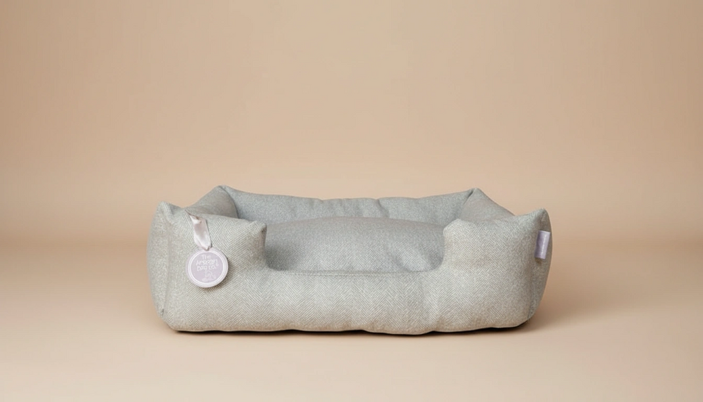 Light gray pet bed with a tag on a beige background