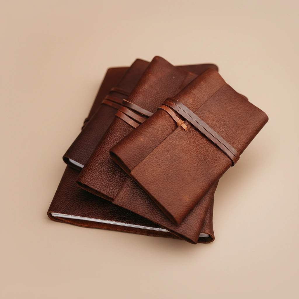 Stack of brown leather-bound notebooks on a beige background