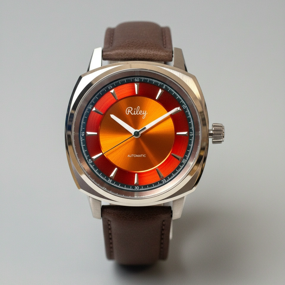 Watch with a brown leather strap and orange face on a gray background