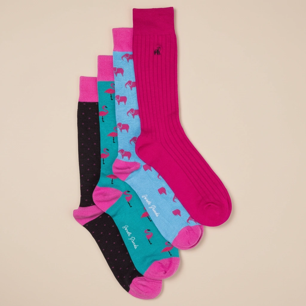 Set of colorful socks with patterns on a beige background