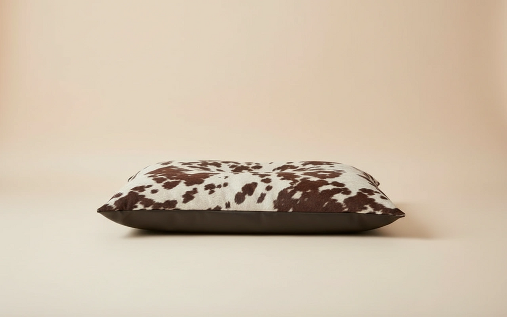 Cow print pillow on a beige background