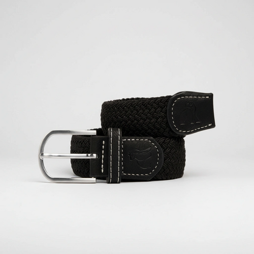 Black woven belt with a silver buckle on a light gray background
