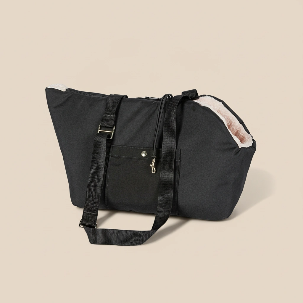 Black bag with a textured surface on a beige background