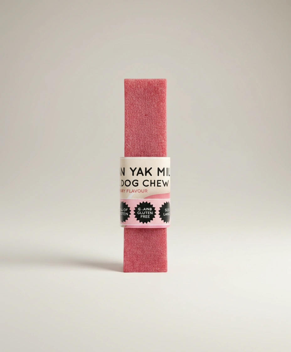 Pink dog chew with label on a light gray background