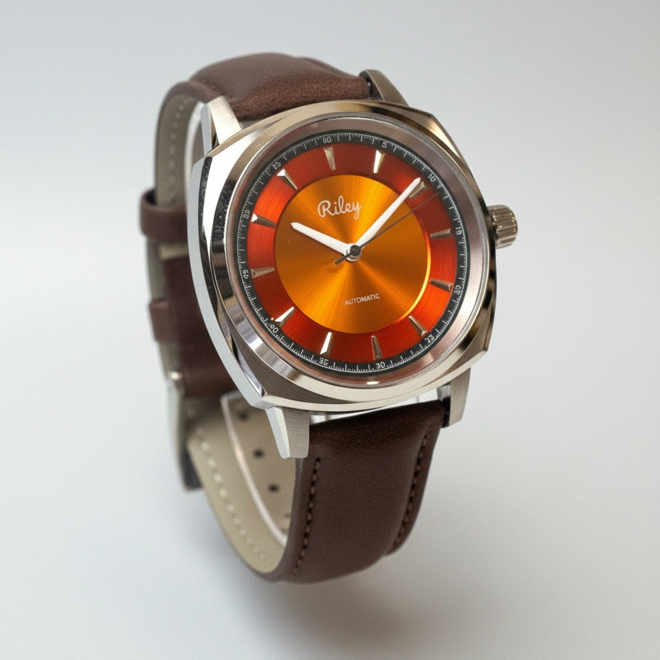 Watch with brown leather strap and orange face on a light gray background