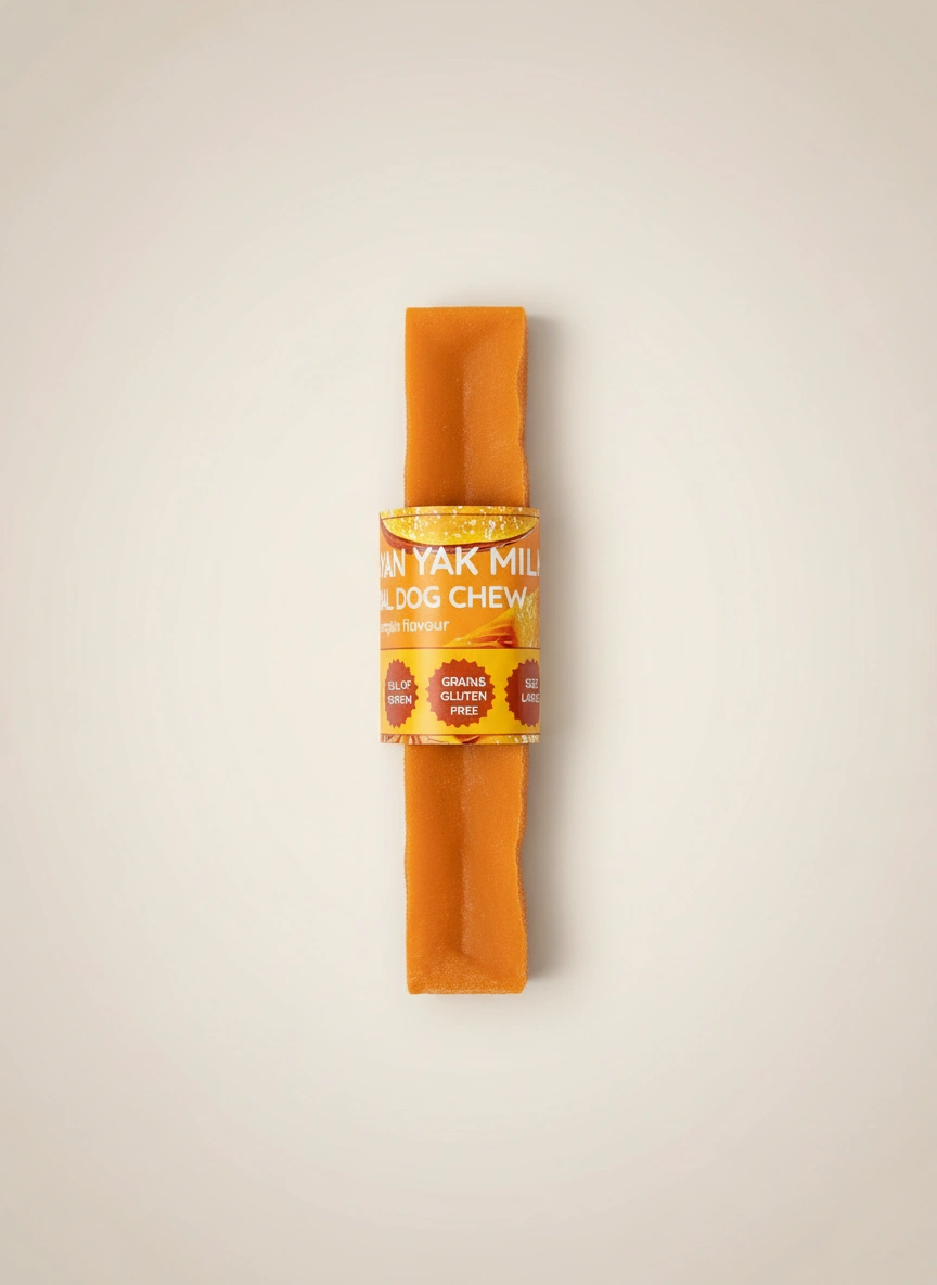 Orange dog chew treat with a label on a beige background