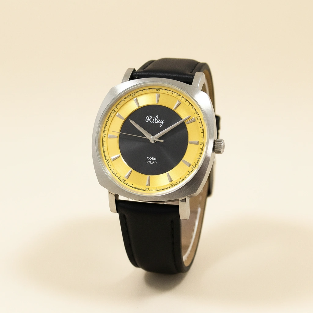 Wristwatch with black strap, yellow face, and silver case on beige background