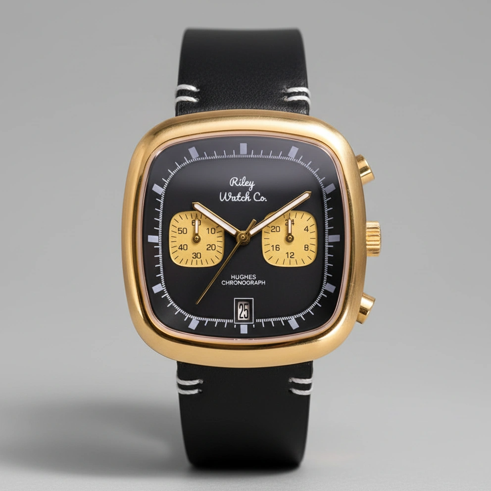 Luxury watch with black face, gold accents, and black strap on a gray background