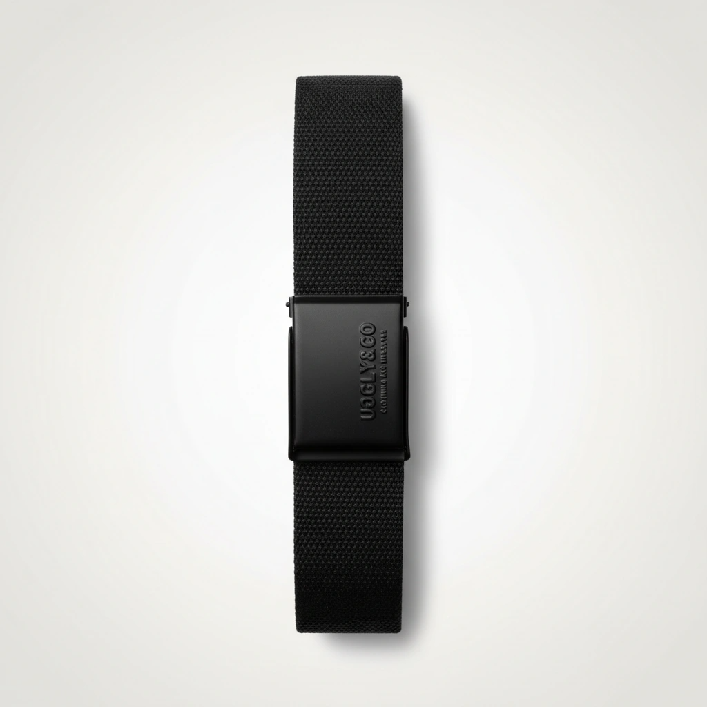 Black watch strap with brand logo on a light gray background