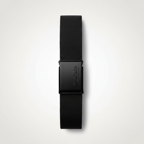 Black watch strap with brand logo on a light gray background