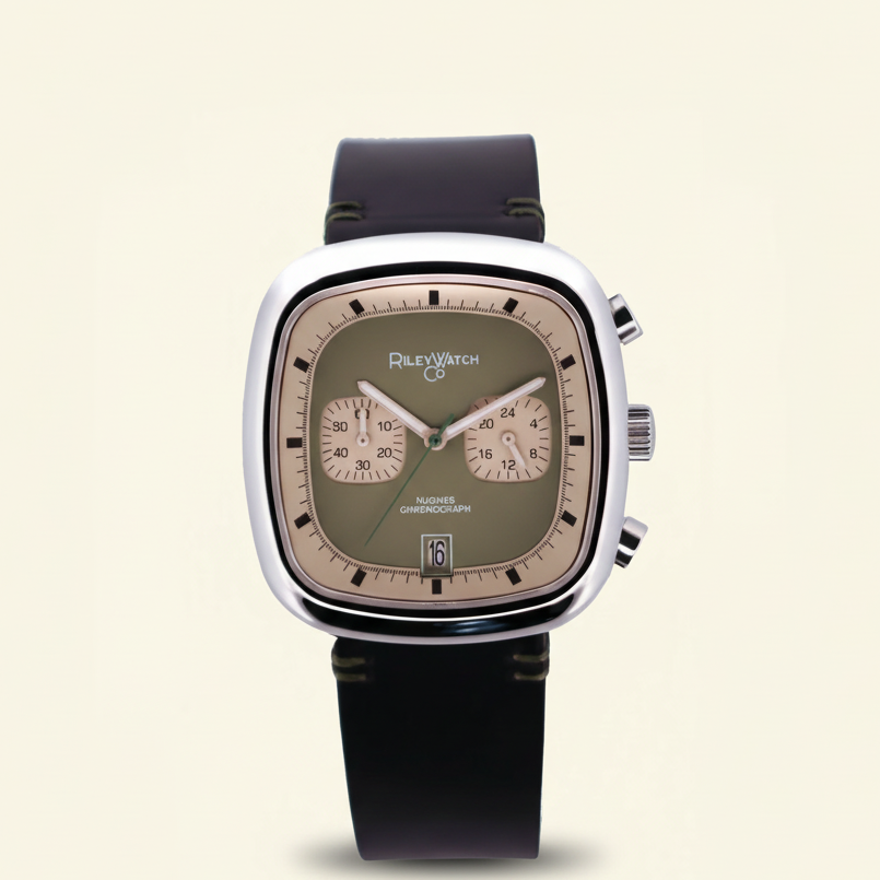 Riley Watch Co watch with a black strap on a beige background