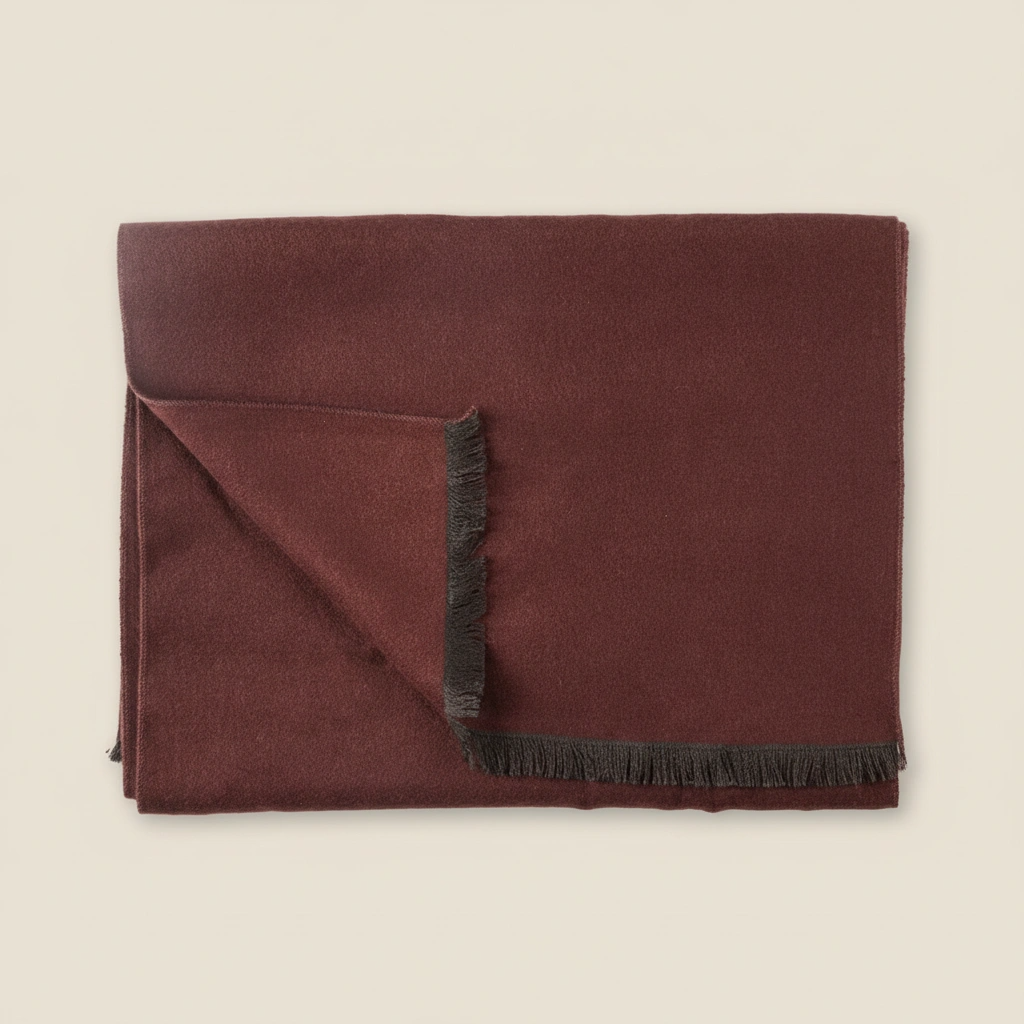 Folded burgundy blanket with black fringe on a beige background