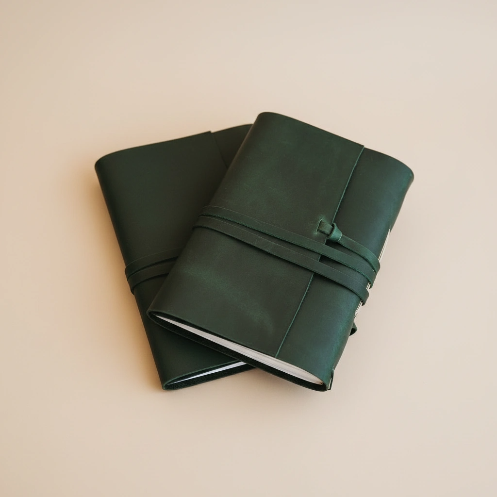 Two green leather journals stacked on a beige background