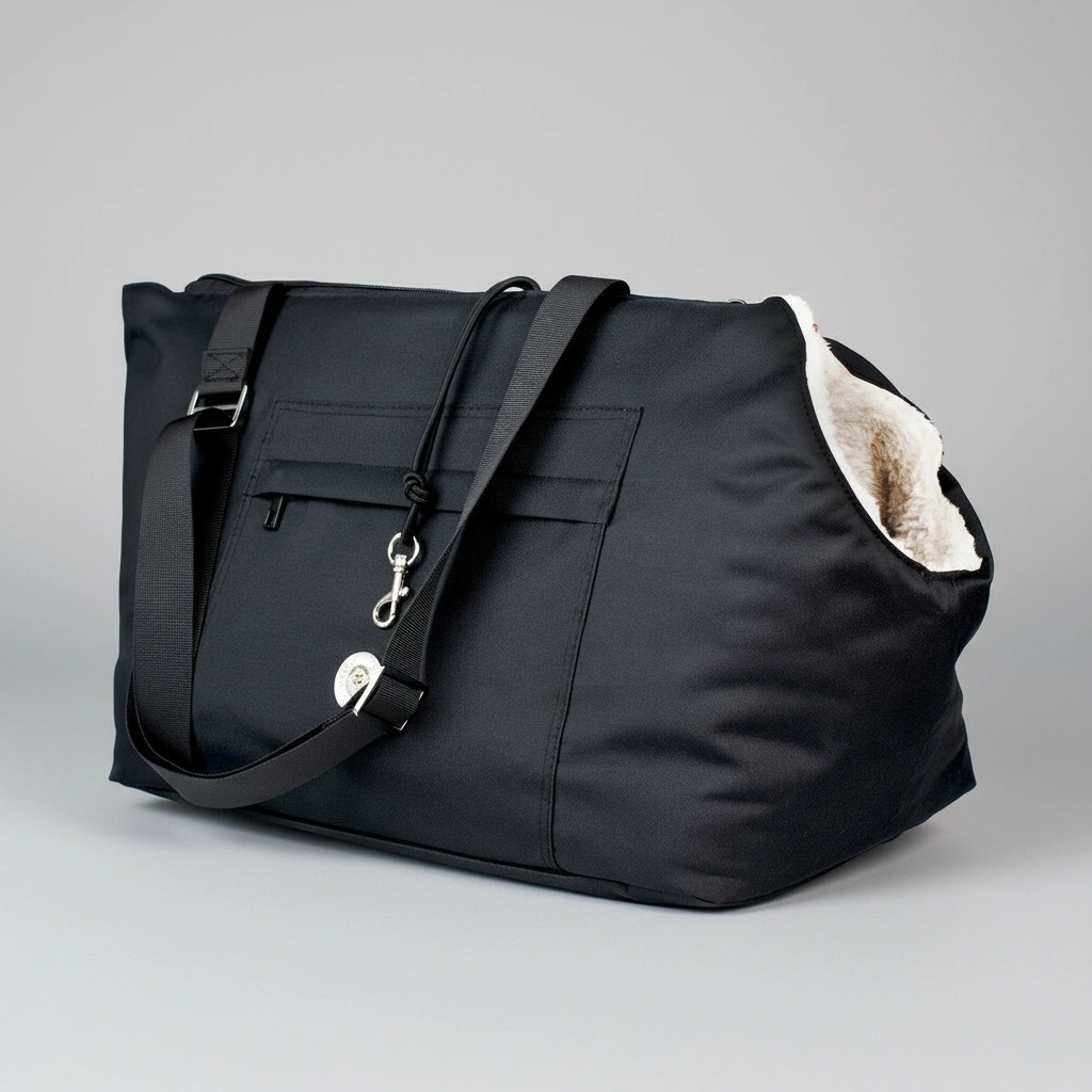 Black tote bag with shearling lining on a gray background