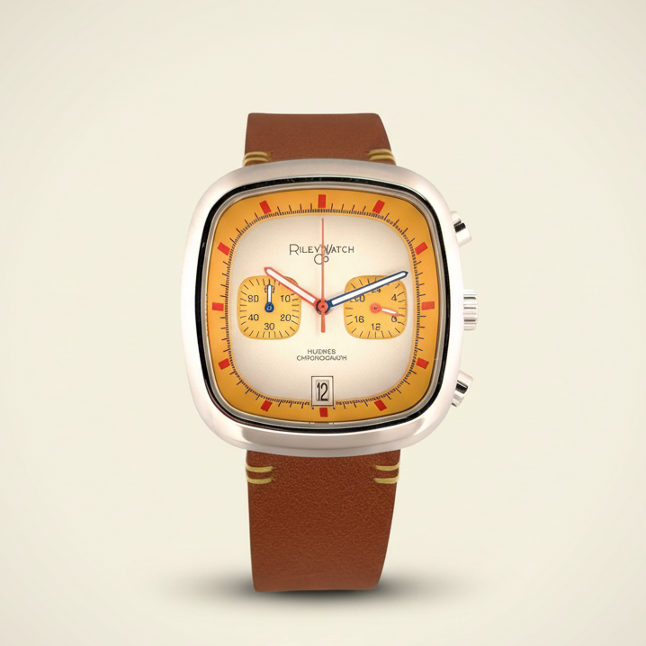 Vintage-style watch with brown leather strap and orange face on a beige background