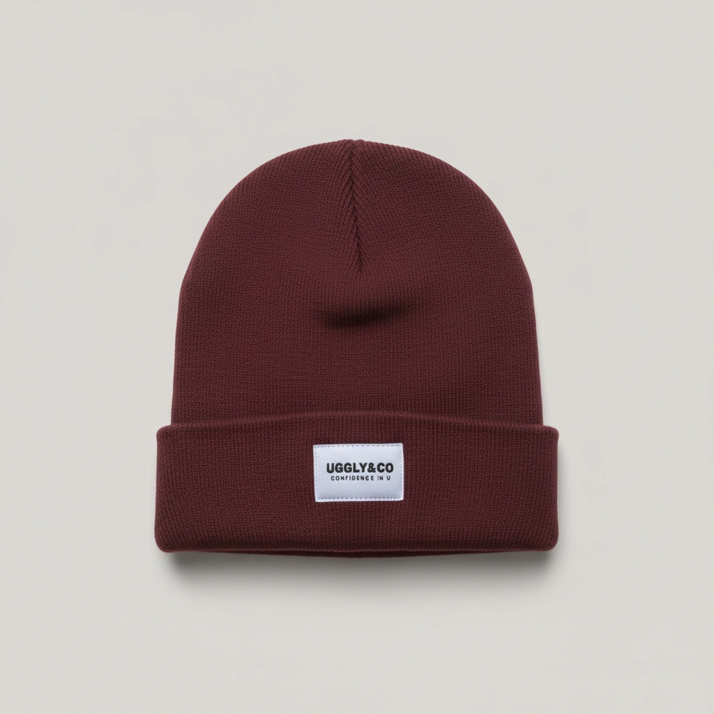Maroon beanie with a white label on a light gray background