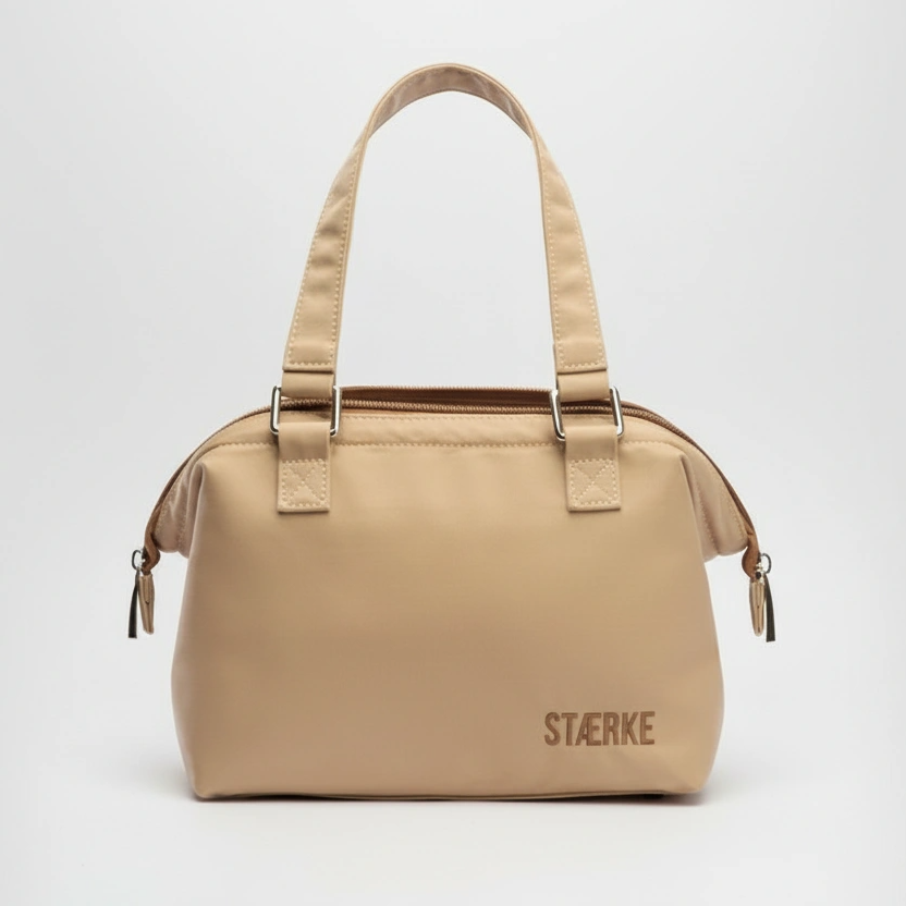 Beige handbag with 'Stärke' branding on a white background