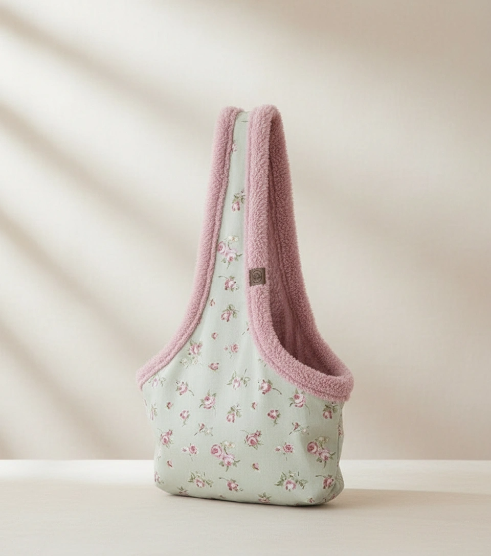 Floral-patterned pet carrier with pink trim on a beige background