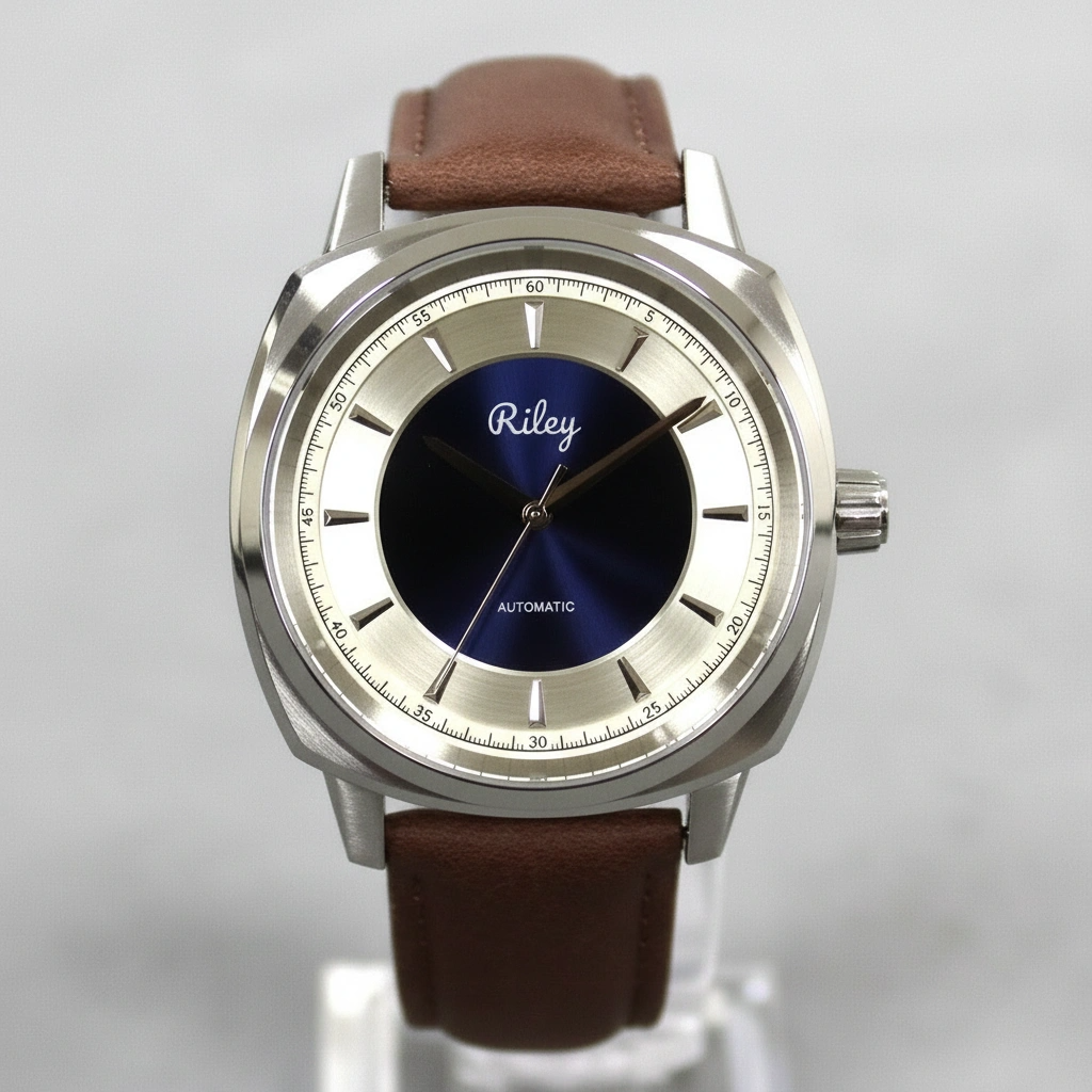 Watch with brown leather strap and blue face on a gray background