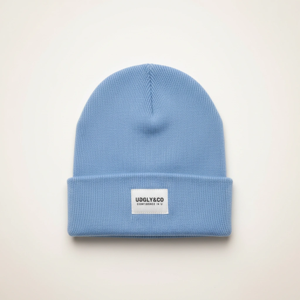Blue beanie with a white label on a light beige background