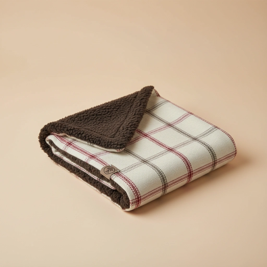 Folded plaid blanket with brown trim on a beige background