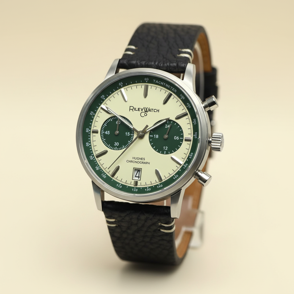 Riley Watch Co. watch with green and white face on a beige background