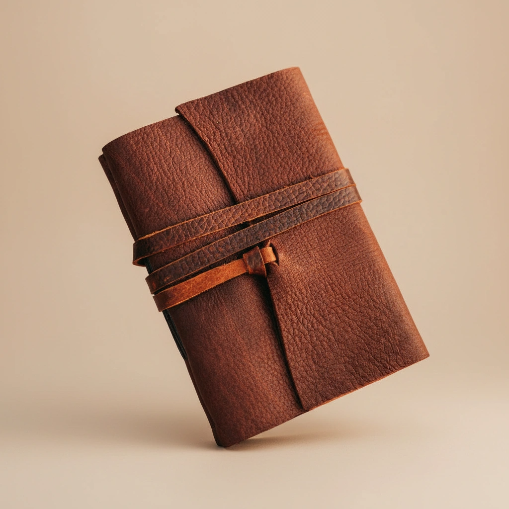 Brown leather-bound notebook on a beige background