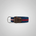 Navy blue woven belt with a red stripe and brown leather buckle on a light gray background