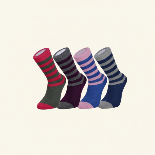 Four pairs of striped socks in red, gray, blue, and pink on a beige background