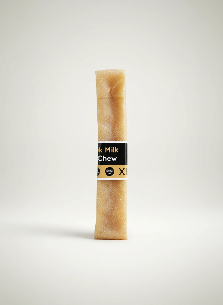 Packaged snack stick with a label on a white background