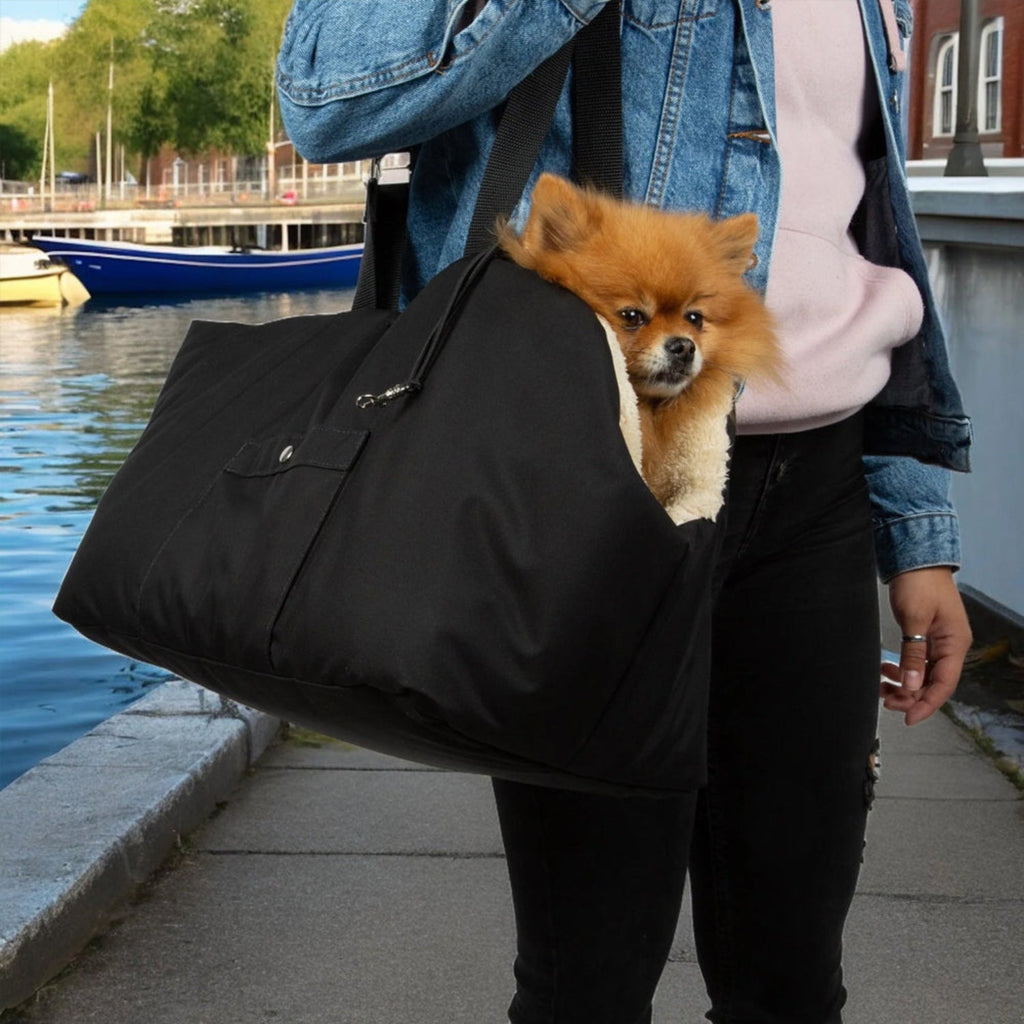 Person carrying a black bag with a small dog peeking out by a waterfront.