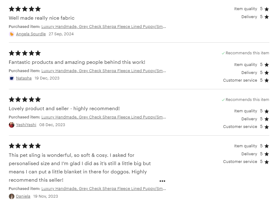 Product reviews for a luxury handmade dog pet sling with positive feedback on fabric, quality, and customer service.