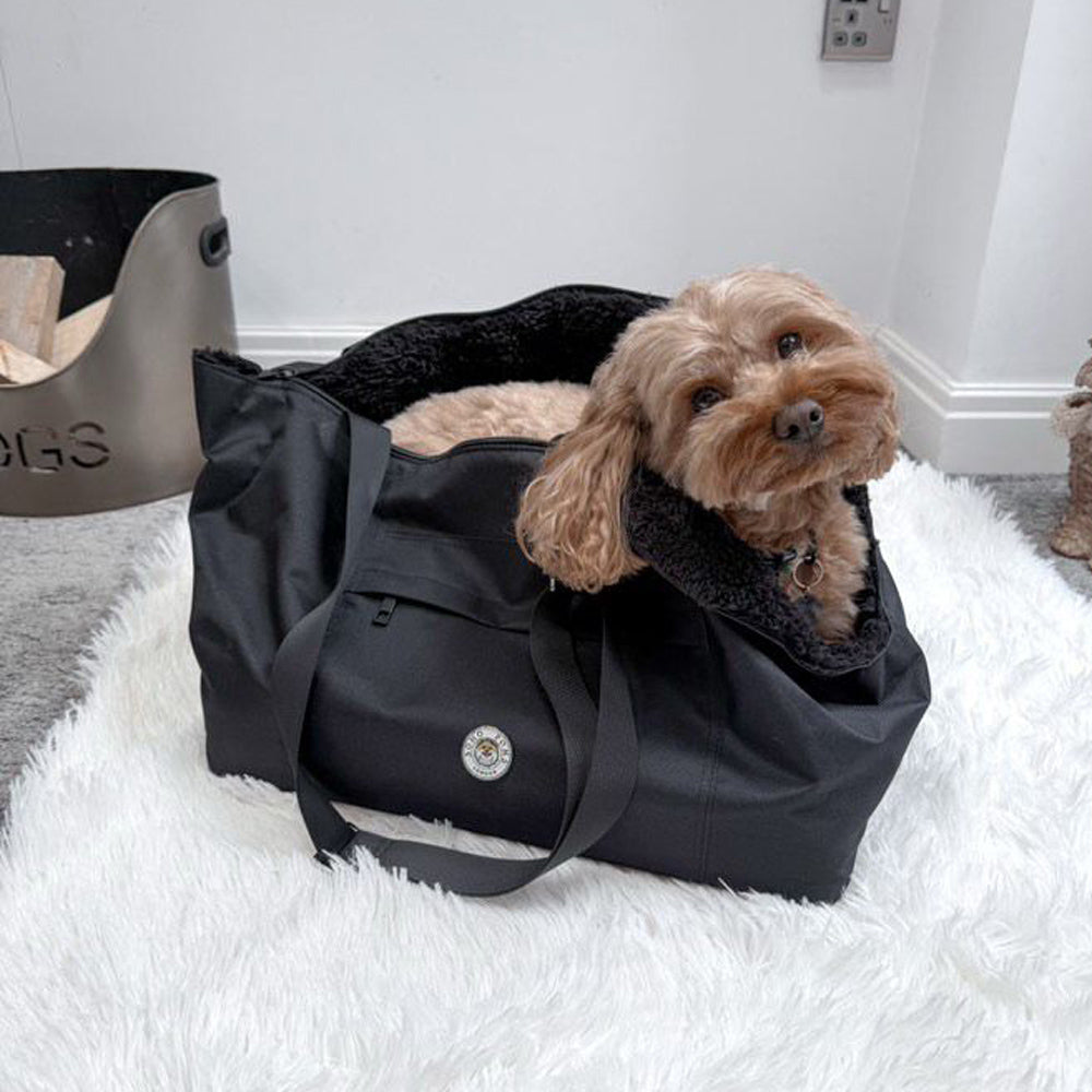 Dog inside a black pet carrier on a white rug