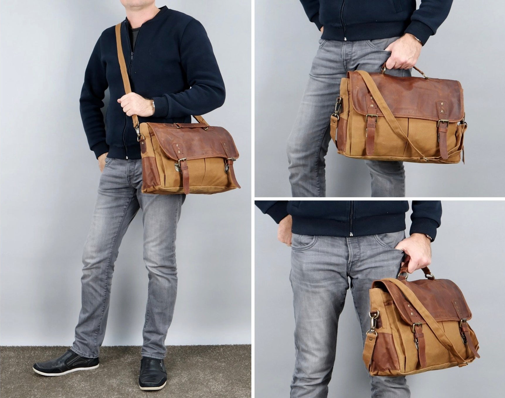 The Barholm. A contemporary handmade leather and canvas briefcase by Burghley Bags. Canvas in classic tan complimented with classic brown eco-friendly vegetable tanned leather.
