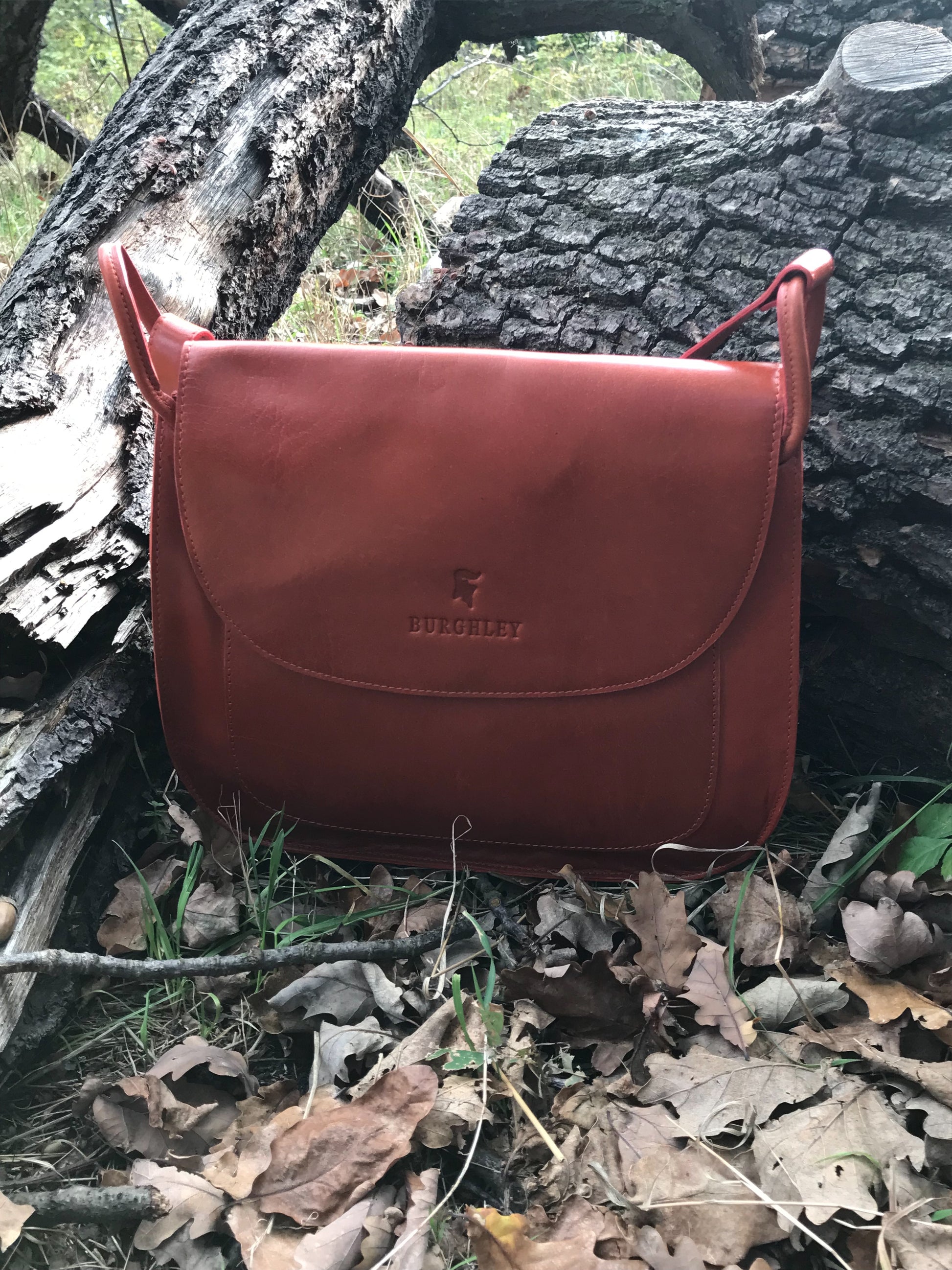 The Aunby Saddlebag.  A handmade leather bag by Burghley Bags in a classic chocolate brown colour.