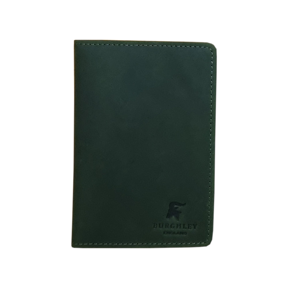 Green leather passport cover.