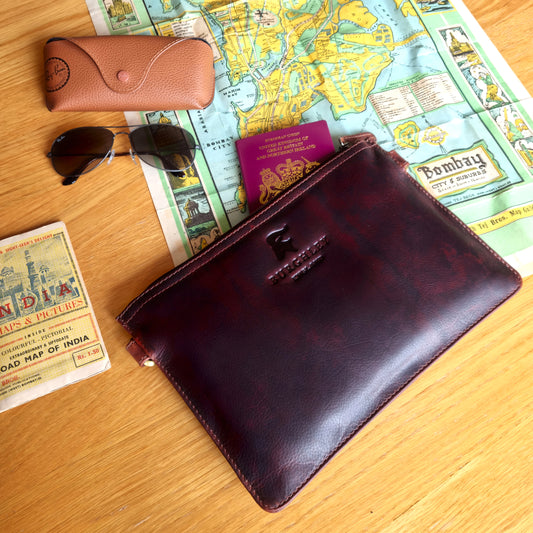 Rockingham handmade leather travel clutch cross body bag by Burghley Bags