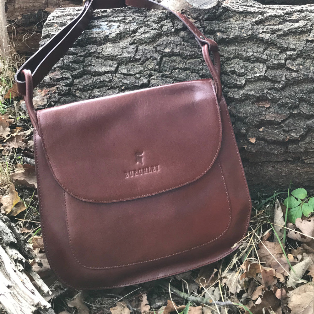 The Aunby Saddlebag.  A handmade leather bag by Burghley Bags in a classic chocolate brown colour.