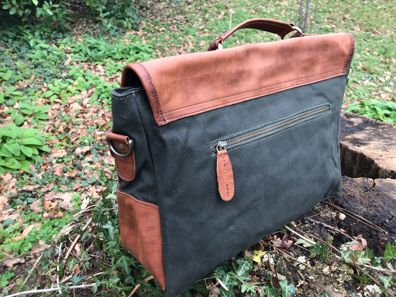 The Barholm. A contemporary handmade leather and canvas briefcase by Burghley Bags. Canvas in stylish khaki green with classic brown eco-friendly vegetable tanned leather.