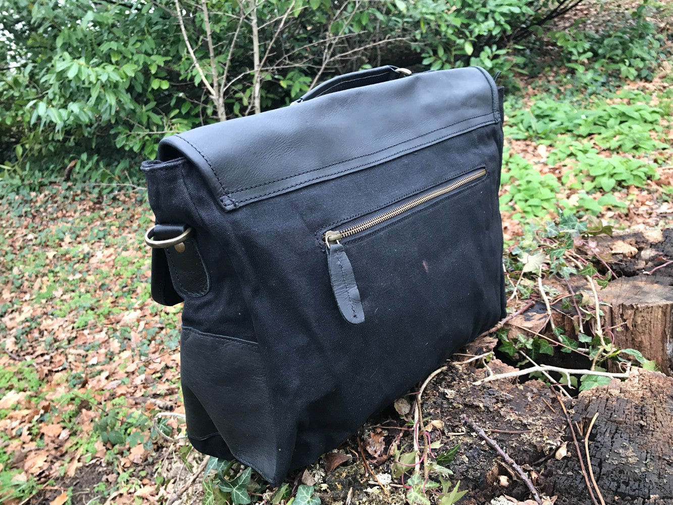 The Barholm. A contemporary handmade leather and canvas briefcase by Burghley Bags, in elegant matching black canvas and eco-friendly vegetable tanned black leather.